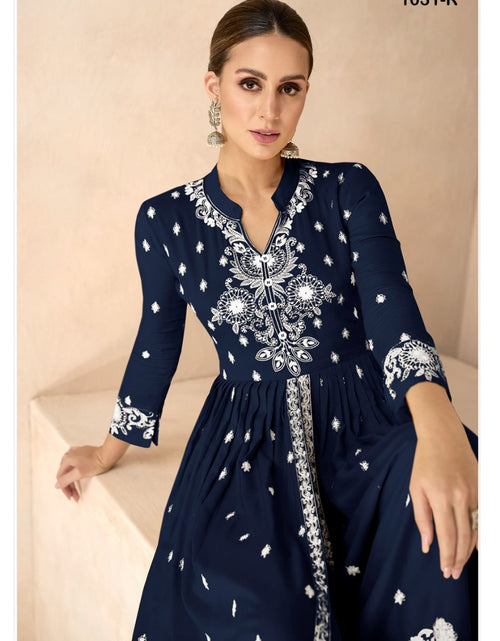 Load image into Gallery viewer, Women&#39;s Navy Blue Lucknow Chikankari Kurta Palazzo Dupatta Suit Wedding Wear mahezon
