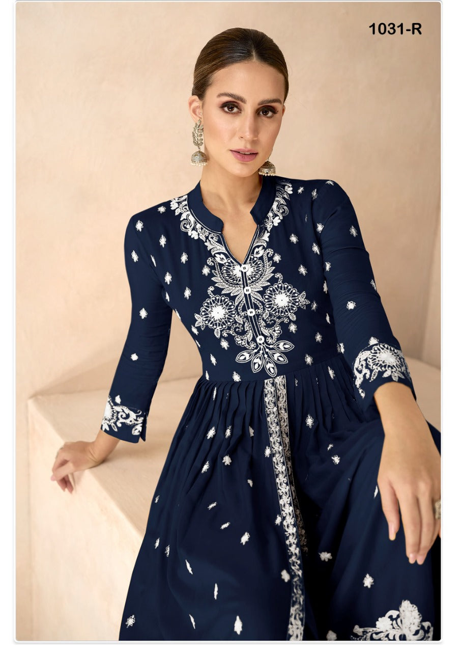 Women's Navy Blue Lucknow Chikankari Kurta Palazzo Dupatta Suit Wedding Wear mahezon