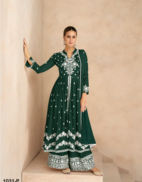 Load image into Gallery viewer, Women&#39;s Dark Green Lucknowi Chikankari Kurta Palazzo Dupatta Suit Wedding Wear mahezon
