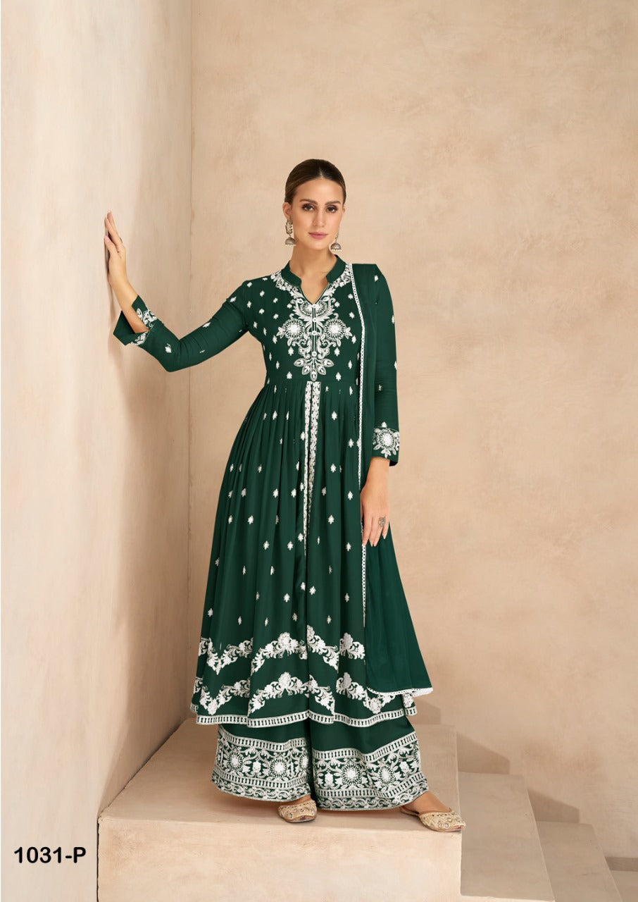 Women's Dark Green Lucknowi Chikankari Kurta Palazzo Dupatta Suit Wedding Wear mahezon