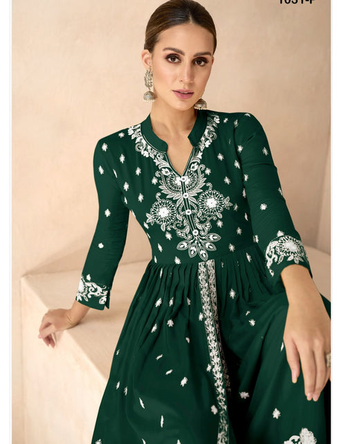 Load image into Gallery viewer, Women&#39;s Dark Green Lucknowi Chikankari Kurta Palazzo Dupatta Suit Wedding Wear mahezon
