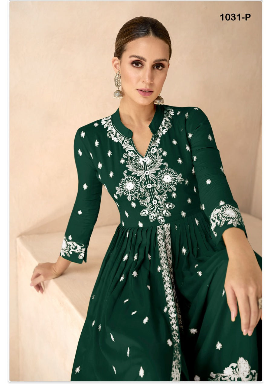 Women's Dark Green Lucknowi Chikankari Kurta Palazzo Dupatta Suit Wedding Wear mahezon