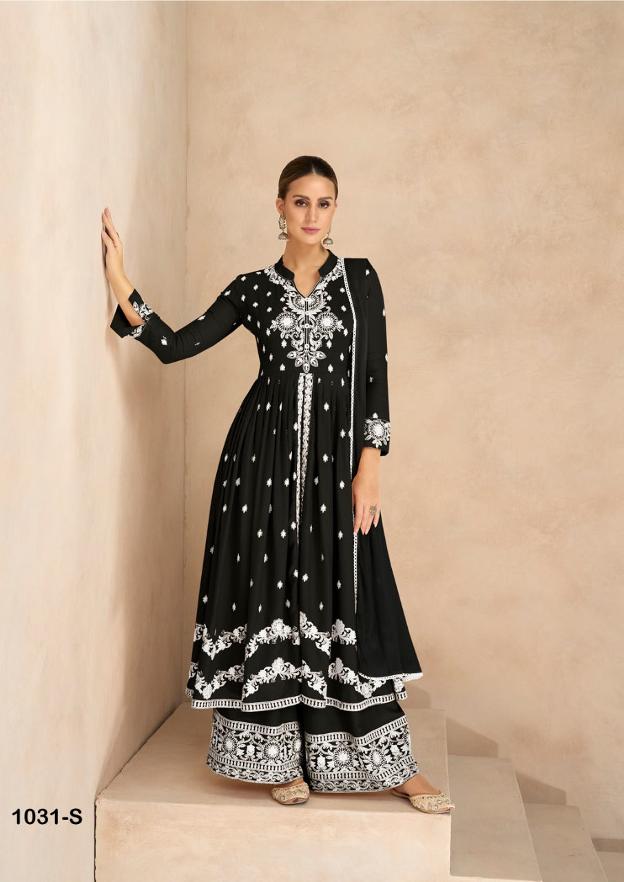 Women's Black Lucknow Chikankari Kurta Palazzo Dupatta Suit Wedding Wear mahezon