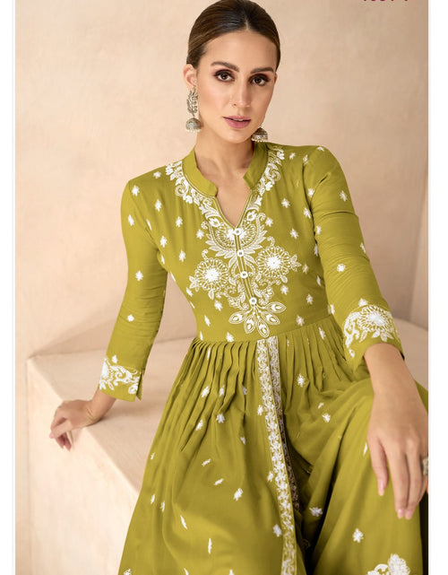 Load image into Gallery viewer, Women&#39;s Green Lucknowi Chikankari Kurta Palazzo Dupatta Suit Wedding Wear mahezon
