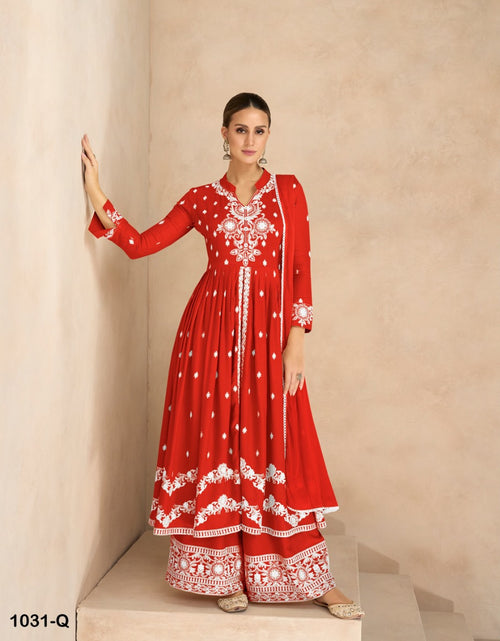 Load image into Gallery viewer, Women&#39;s Red Lucknowi Chikankari Kurta Palazzo Dupatta Suit Wedding Wear mahezon
