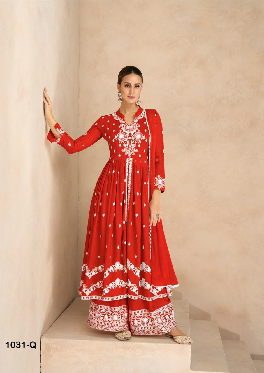 Women's Red Lucknowi Chikankari Kurta Palazzo Dupatta Suit Wedding Wear mahezon