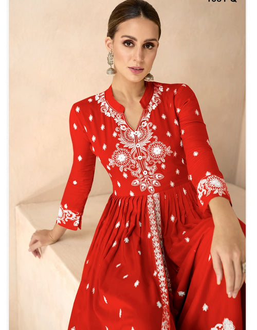 Load image into Gallery viewer, Women&#39;s Red Lucknowi Chikankari Kurta Palazzo Dupatta Suit Wedding Wear mahezon
