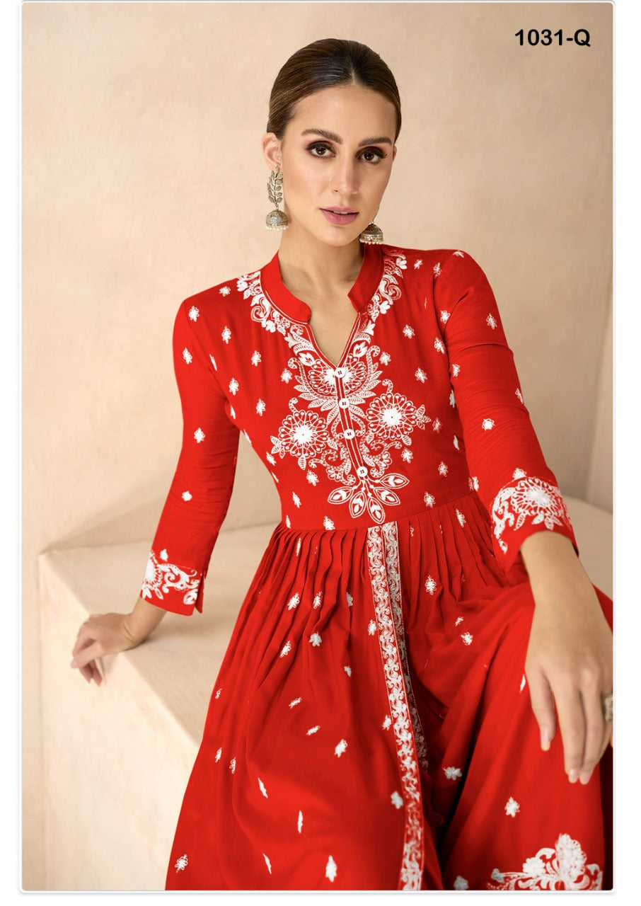 Women's Red Lucknowi Chikankari Kurta Palazzo Dupatta Suit Wedding Wear mahezon