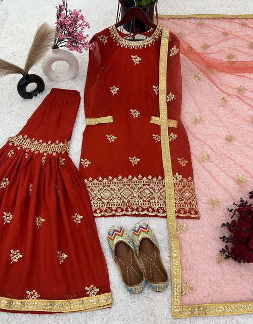 Load image into Gallery viewer, Women&#39;s Designer Party and Wedding Wear Red Top Sharara and Dupatta Suit mahezon
