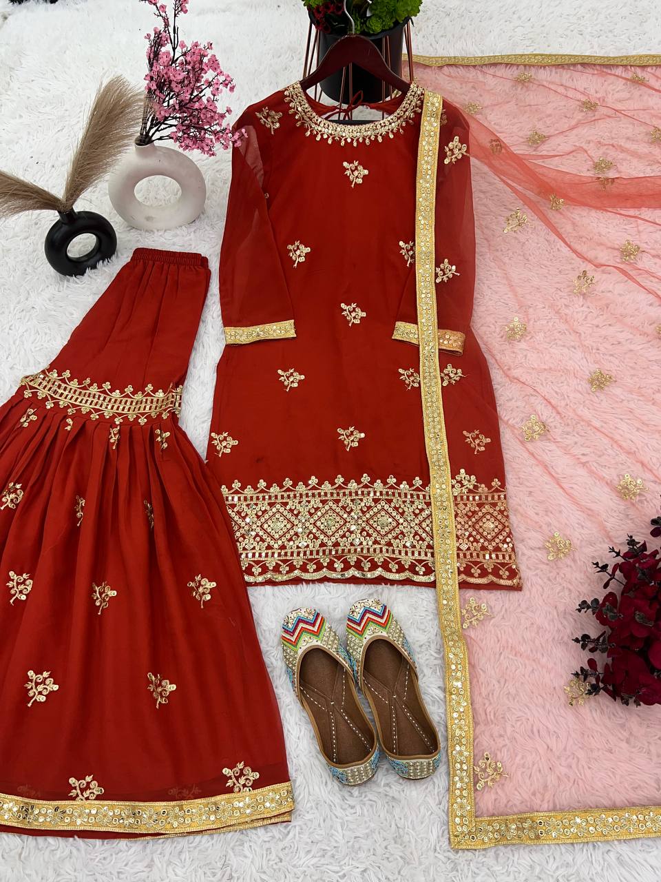 Women's Designer Party and Wedding Wear Red Top Sharara and Dupatta Suit mahezon