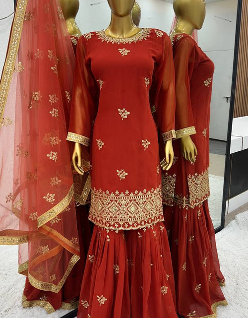 Load image into Gallery viewer, Women&#39;s Designer Party and Wedding Wear Red Top Sharara and Dupatta Suit mahezon
