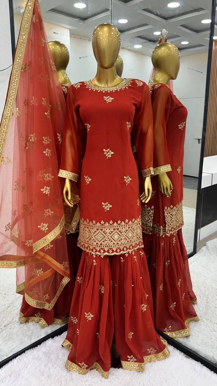 Women's Designer Party and Wedding Wear Red Top Sharara and Dupatta Suit mahezon