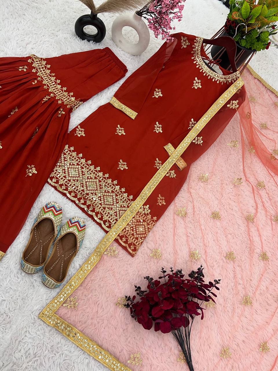 Women's Designer Party and Wedding Wear Red Top Sharara and Dupatta Suit mahezon