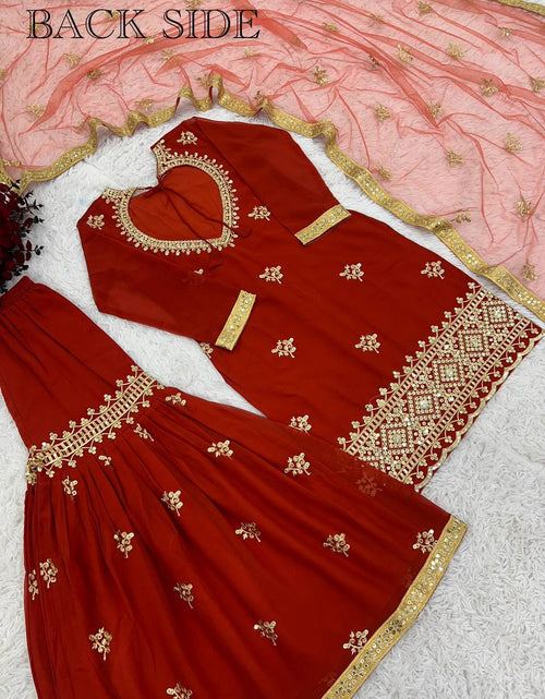 Load image into Gallery viewer, Women&#39;s Designer Party and Wedding Wear Red Top Sharara and Dupatta Suit mahezon
