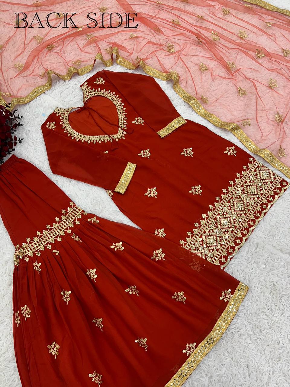 Women's Designer Party and Wedding Wear Red Top Sharara and Dupatta Suit mahezon