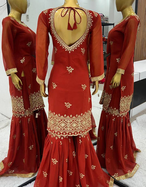 Load image into Gallery viewer, Women&#39;s Designer Party and Wedding Wear Red Top Sharara and Dupatta Suit mahezon
