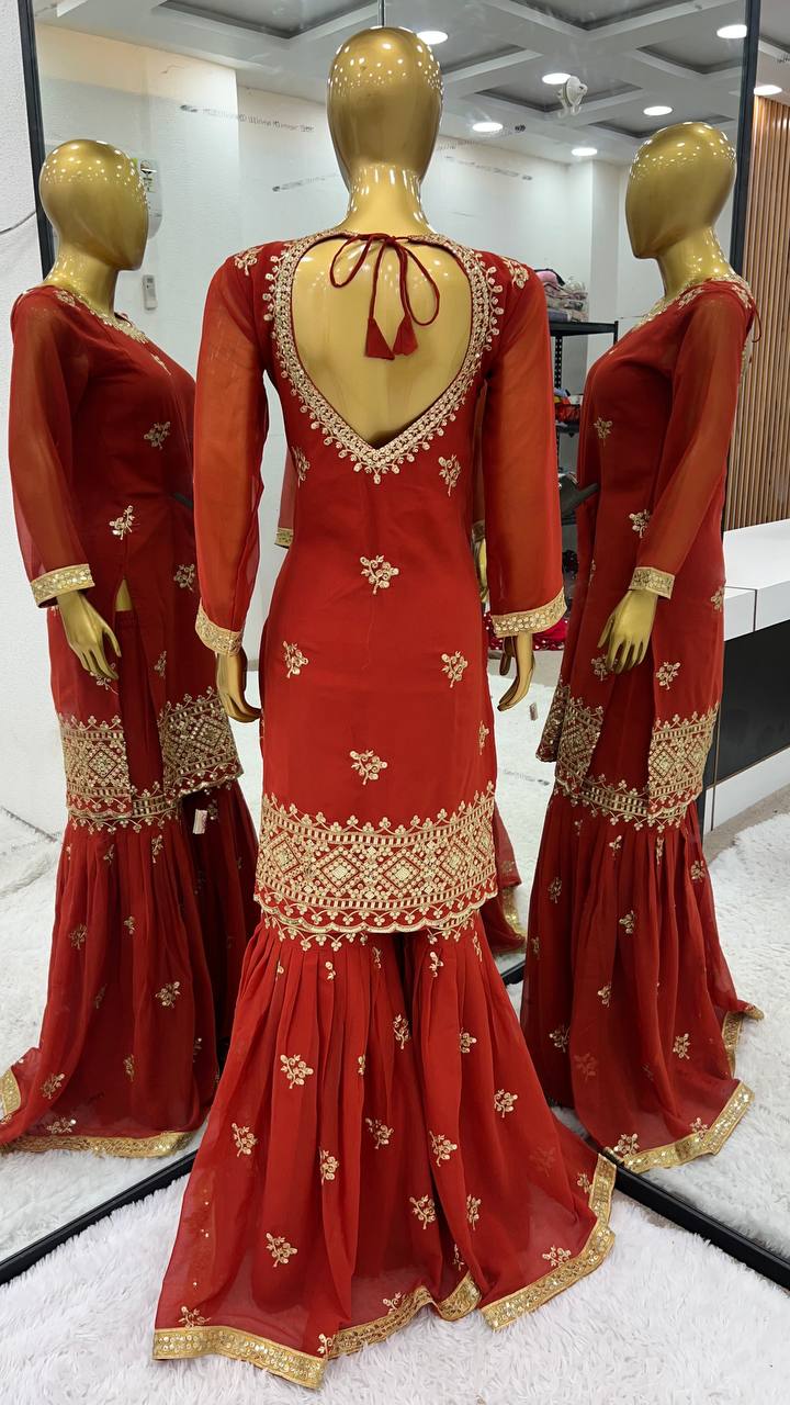 Women's Designer Party and Wedding Wear Red Top Sharara and Dupatta Suit mahezon