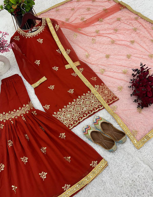 Load image into Gallery viewer, Women&#39;s Designer Party and Wedding Wear Red Top Sharara and Dupatta Suit mahezon
