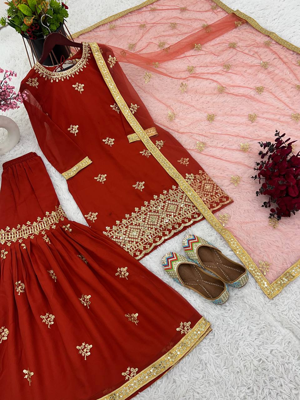 Women's Designer Party and Wedding Wear Red Top Sharara and Dupatta Suit mahezon