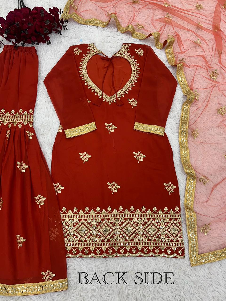 Women's Designer Party and Wedding Wear Red Top Sharara and Dupatta Suit mahezon