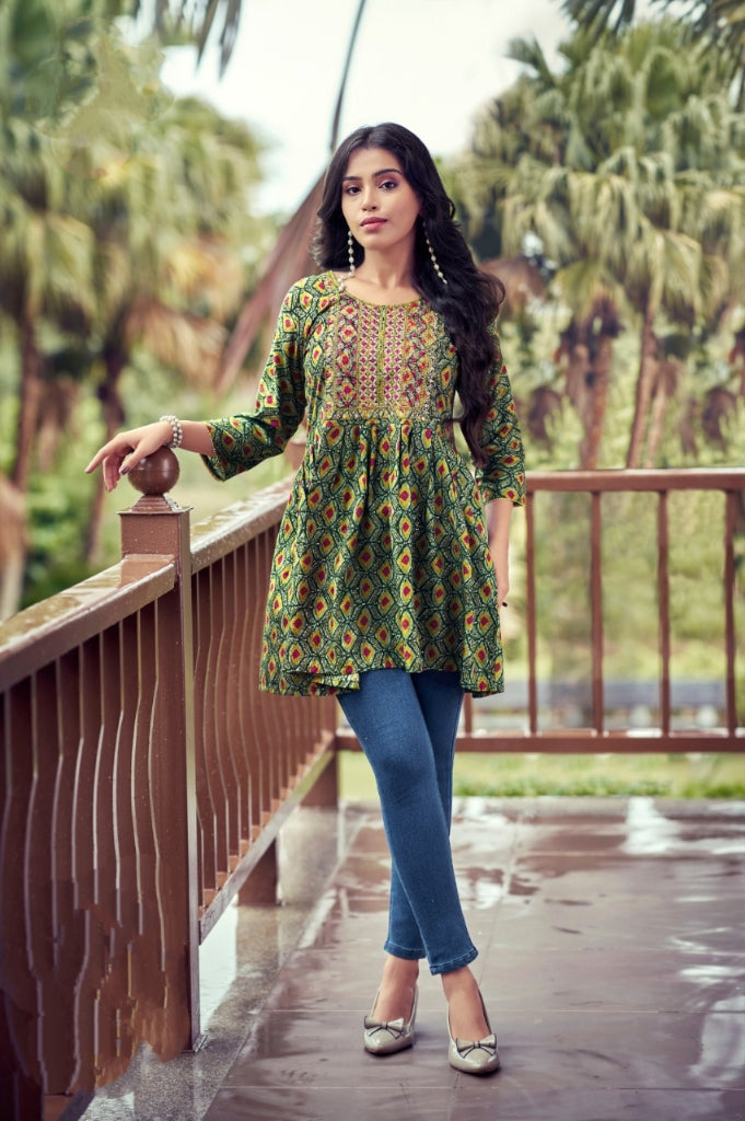 Beautiful Trendy Green Western Rayon Tunics for Girls and Women's mahezon