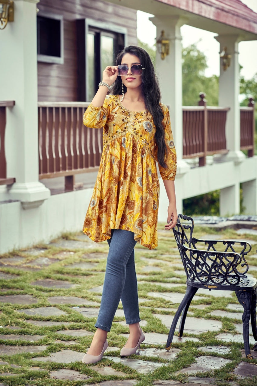 Beautiful Trendy Yellow Western Rayon Tunics for Girls and Women's mahezon