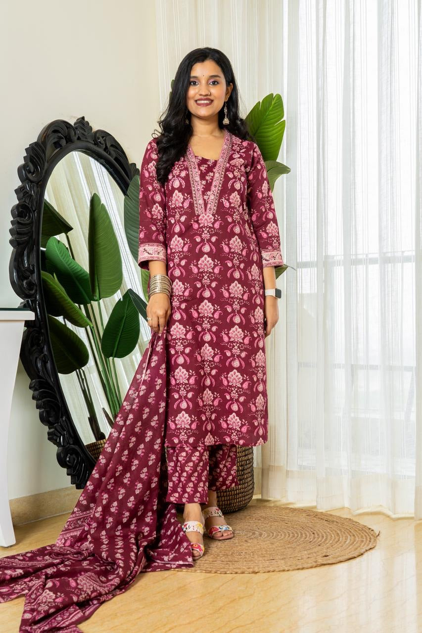 Women's Cotton Ethnic Wear Kurti Pant Dupatta Set for Wedding and Raksha bandhan mahezon