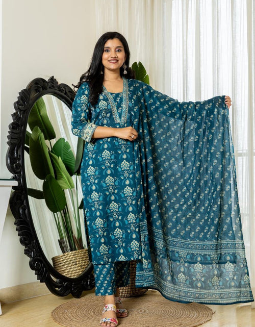 Load image into Gallery viewer, Women&#39;s Cotton Blue Ethnic Wear Kurti Pant Dupatta Set for Wedding and Raksha bandhan mahezon
