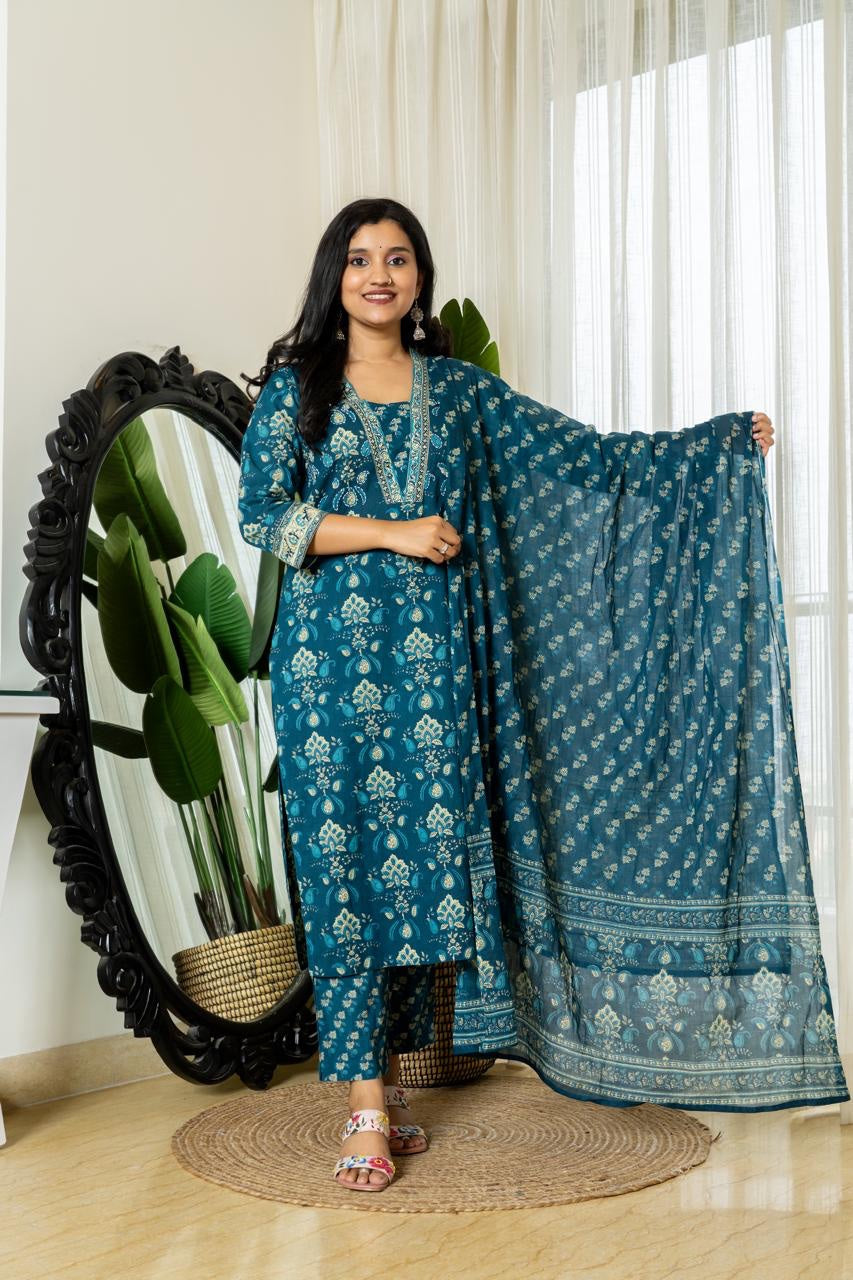 Women's Cotton Blue Ethnic Wear Kurti Pant Dupatta Set for Wedding and Raksha bandhan mahezon