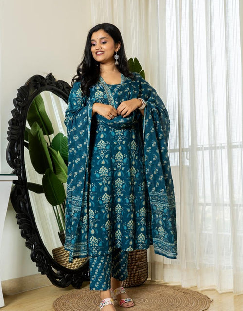 Load image into Gallery viewer, Women&#39;s Cotton Blue Ethnic Wear Kurti Pant Dupatta Set for Wedding and Raksha bandhan mahezon
