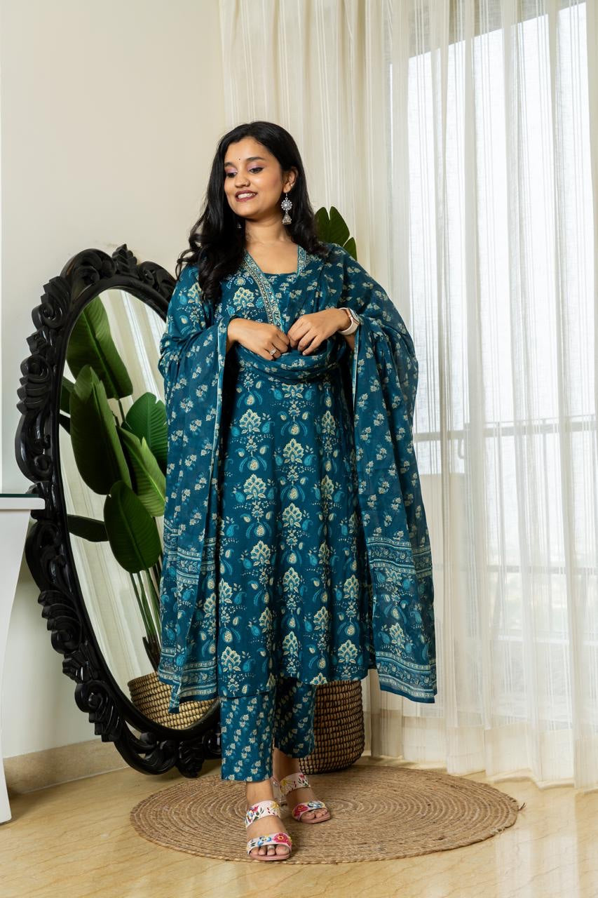 Women's Cotton Blue Ethnic Wear Kurti Pant Dupatta Set for Wedding and Raksha bandhan mahezon