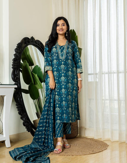 Load image into Gallery viewer, Women&#39;s Cotton Blue Ethnic Wear Kurti Pant Dupatta Set for Wedding and Raksha bandhan mahezon
