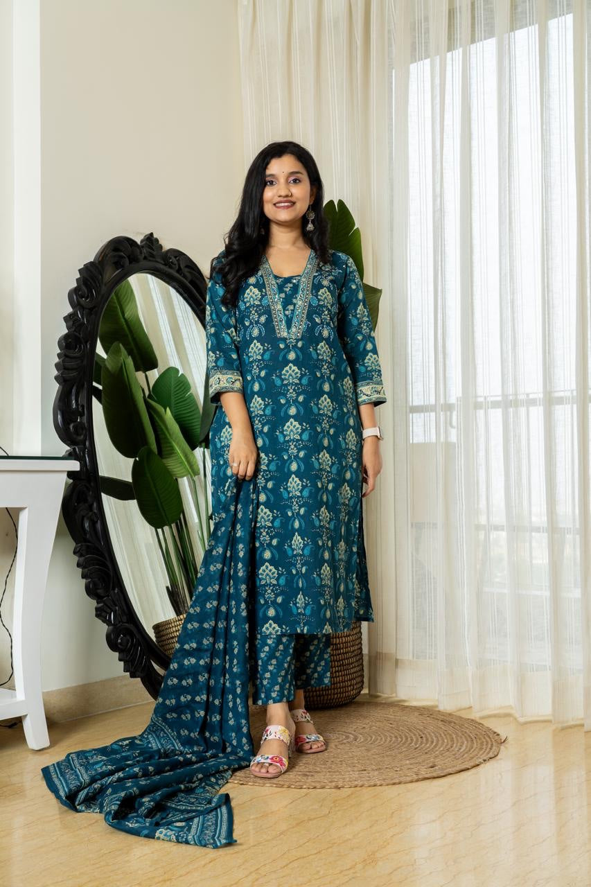 Women's Cotton Blue Ethnic Wear Kurti Pant Dupatta Set for Wedding and Raksha bandhan mahezon