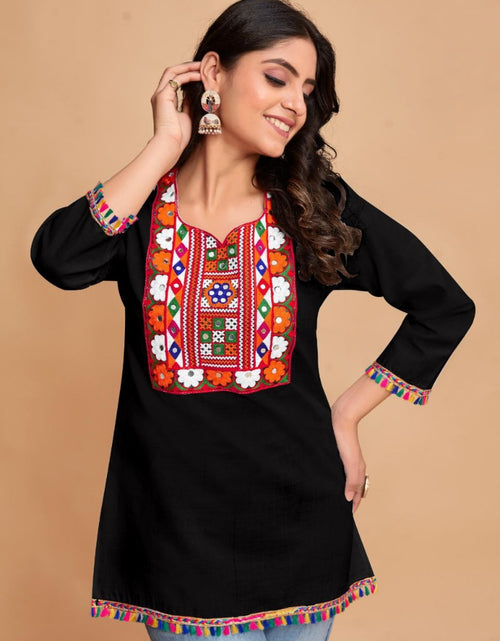 Load image into Gallery viewer, Women&#39;s Cotton Trendy Embroidery Black Navratri Kurti Tops mahezon
