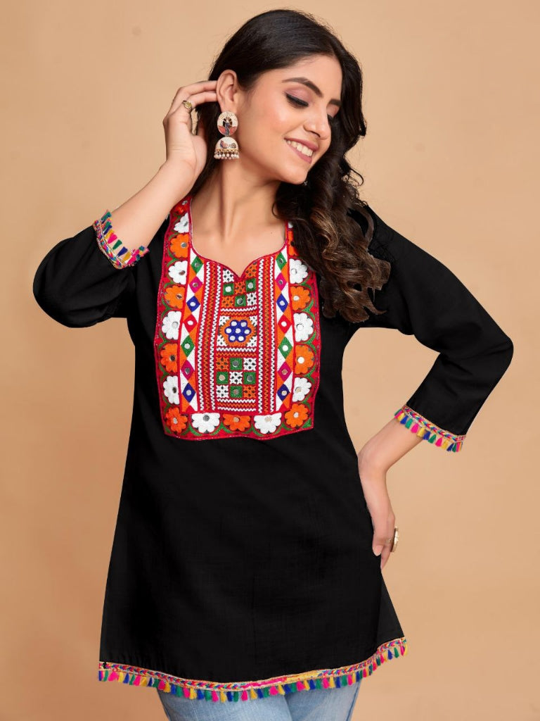 Women's Cotton Trendy Embroidery Black Navratri Kurti Tops mahezon