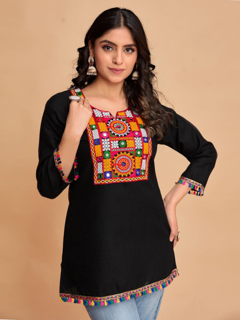 Women's Embroidery Black Navratri Kurti Tops mahezon