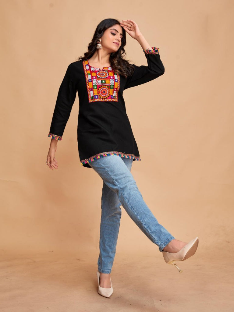 Women's Embroidery Black Navratri Kurti Tops mahezon