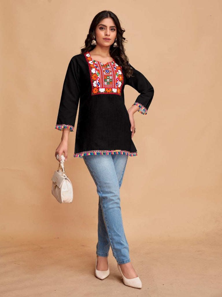 Women's Cotton Trendy Embroidery Black Navratri Kurti Tops mahezon