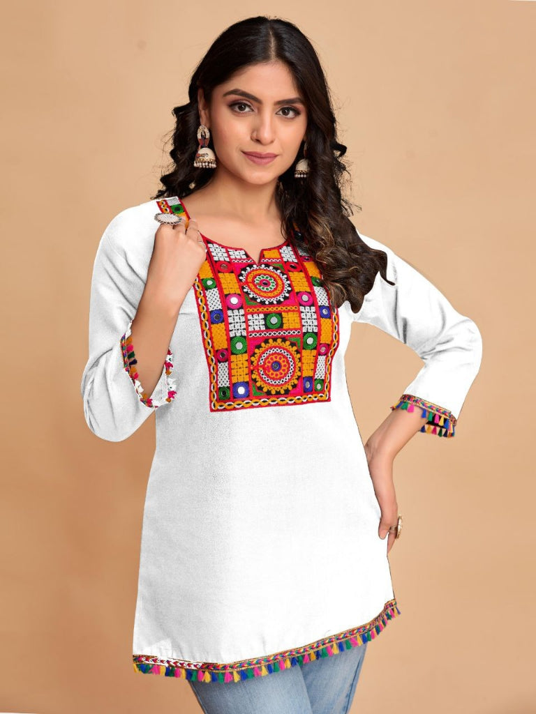 Women's Cotton Embroidery White Navratri Kurti Tops mahezon