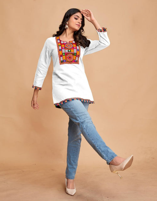 Load image into Gallery viewer, Women&#39;s Cotton Embroidery White Navratri Kurti Tops mahezon
