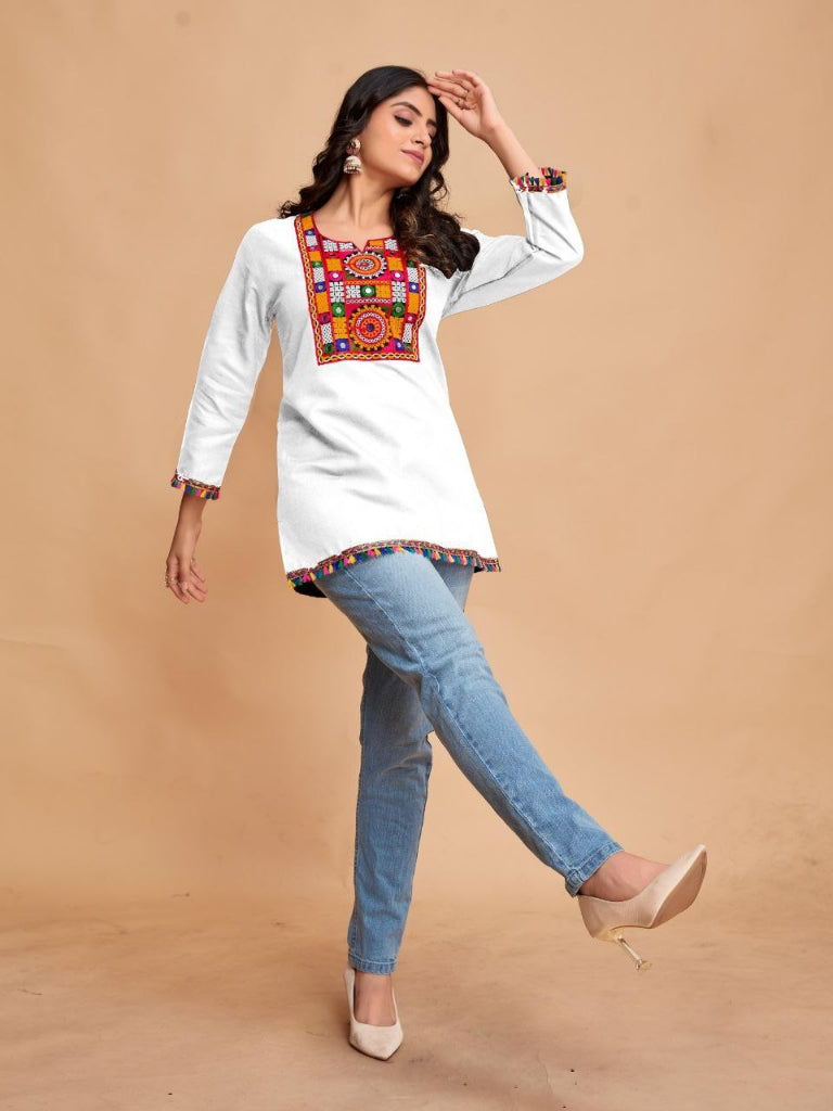 Women's Cotton Embroidery White Navratri Kurti Tops mahezon