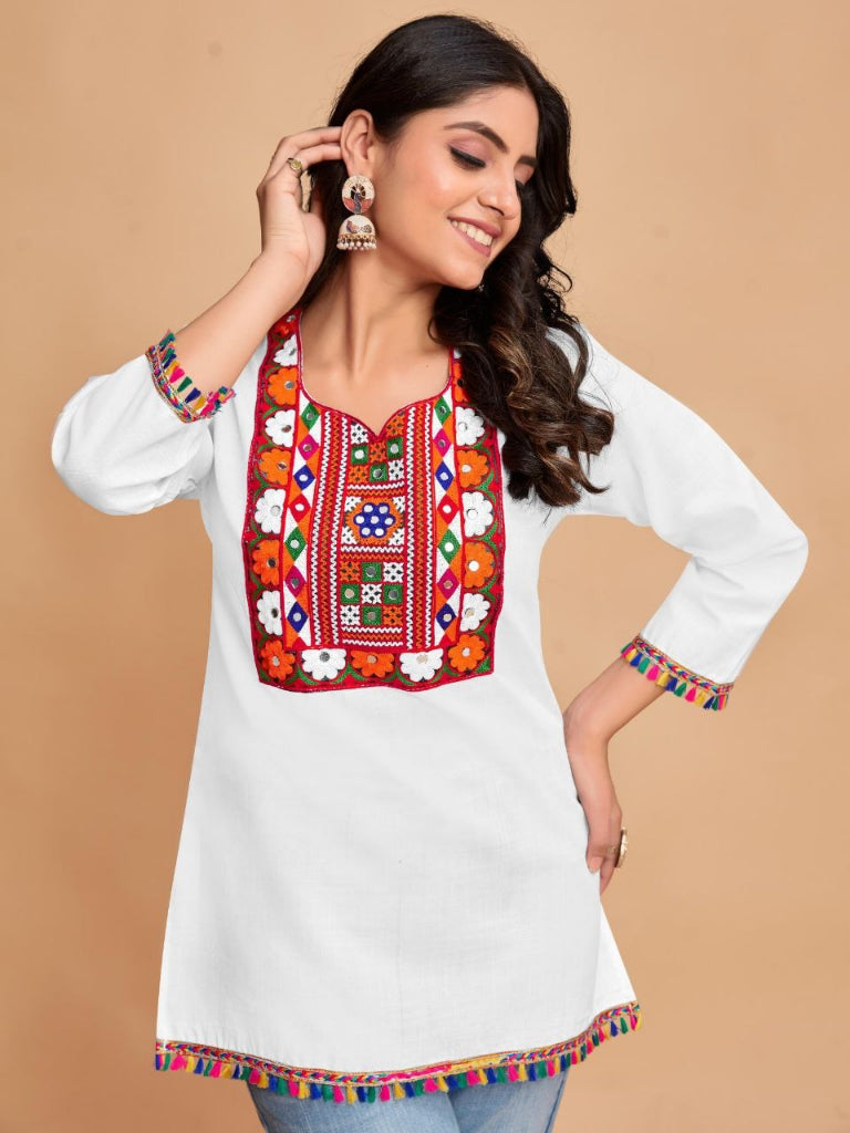 Women's Trendy Cotton Embroidery White Navratri Kurti Tops mahezon