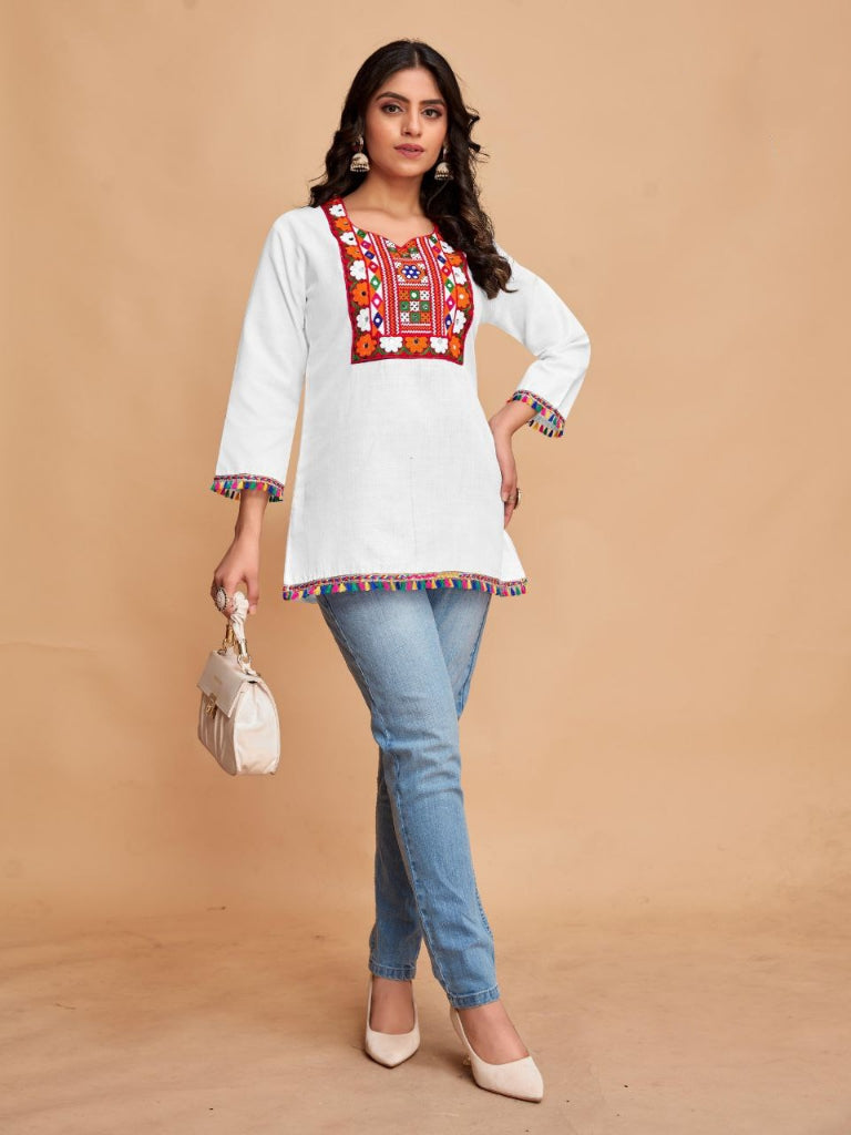 Women's Trendy Cotton Embroidery White Navratri Kurti Tops mahezon