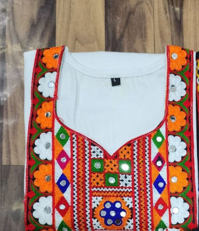 Women's Trendy Cotton Embroidery White Navratri Kurti Tops mahezon