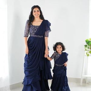 Mother Daughter Party wear Blue Designer Lehenga Saree Dupatta Same Matching Twinning Dress mahezon