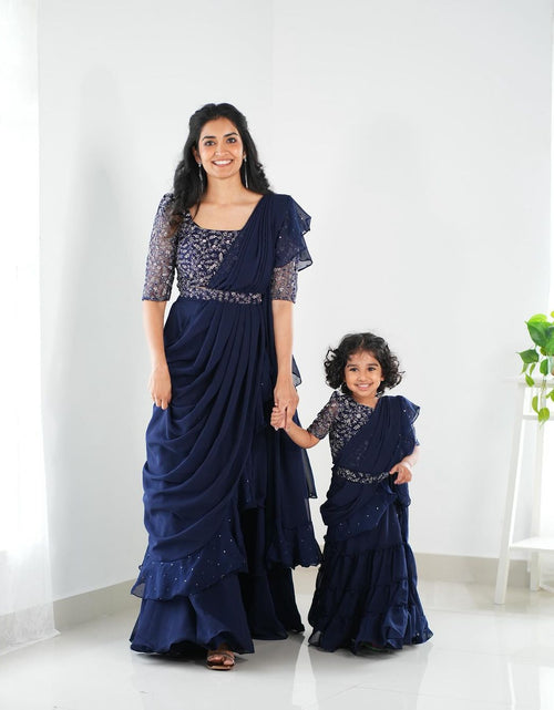 Load image into Gallery viewer, Mother Daughter Party wear Blue Designer Lehenga Saree Dupatta Same Matching Twinning Dress mahezon
