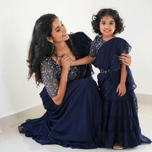 Mother Daughter Party wear Blue Designer Lehenga Saree Dupatta Same Matching Twinning Dress mahezon