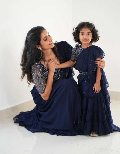 Load image into Gallery viewer, Mother Daughter Party wear Blue Designer Lehenga Saree Dupatta Same Matching Twinning Dress mahezon
