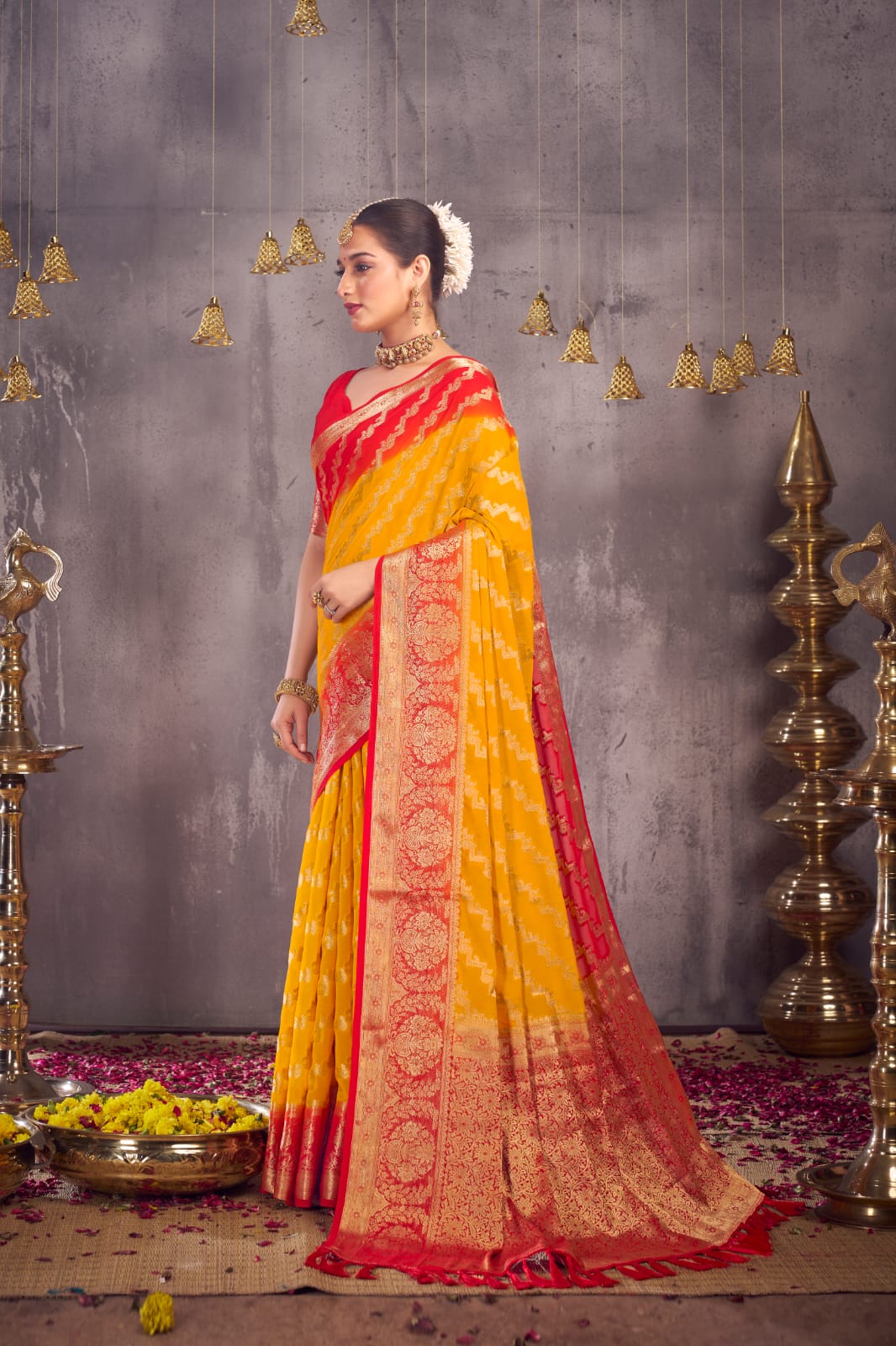 Women's Designer Yellow Georgette Saree for Wedding and Rakshabandhan mahezon