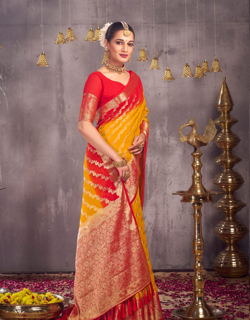 Load image into Gallery viewer, Women&#39;s Designer Yellow Georgette Saree for Wedding and Rakshabandhan mahezon
